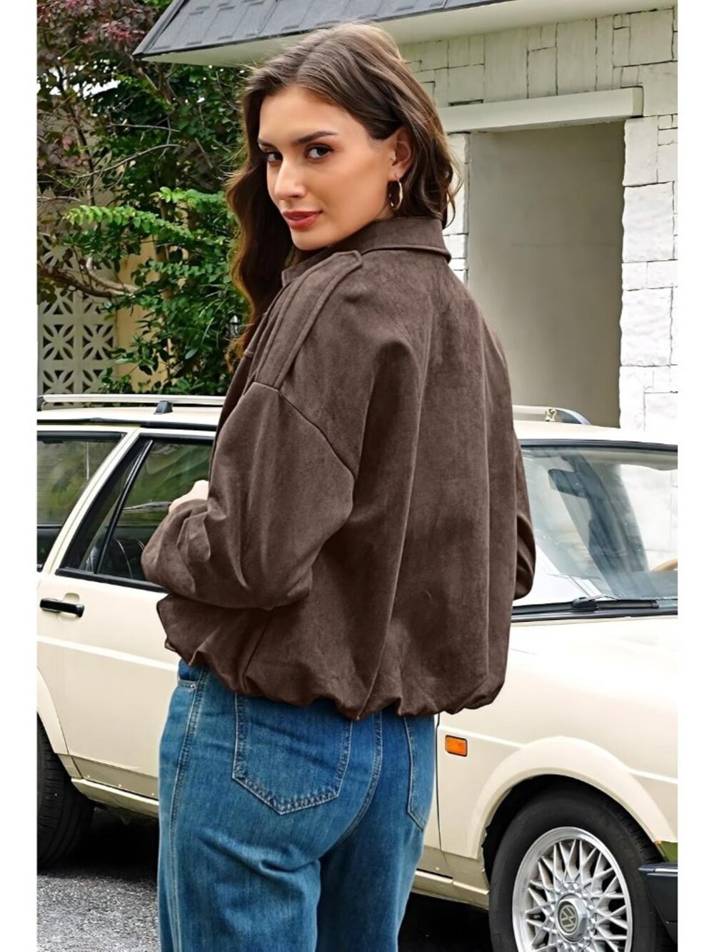 Women's Brown Faux Suede Oversized Cropped Open Front Zipper Bomber Jacket Coat - Picture 4 of 6